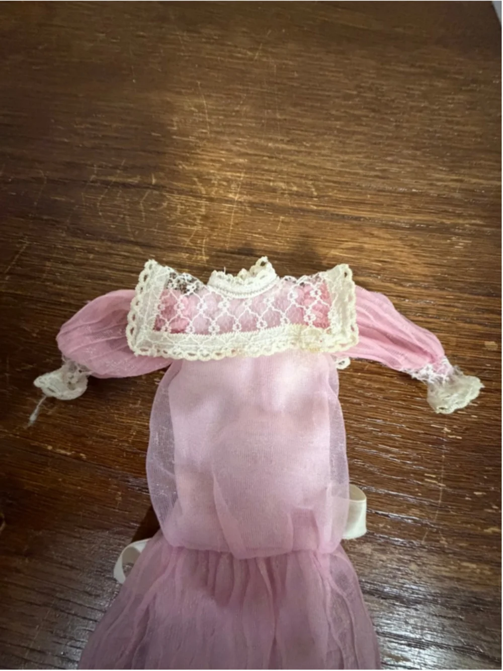 Vintage Barbie Dress Pink Lace Sheer Overlay Ribbon Belt 1960s Style Doll Clothe